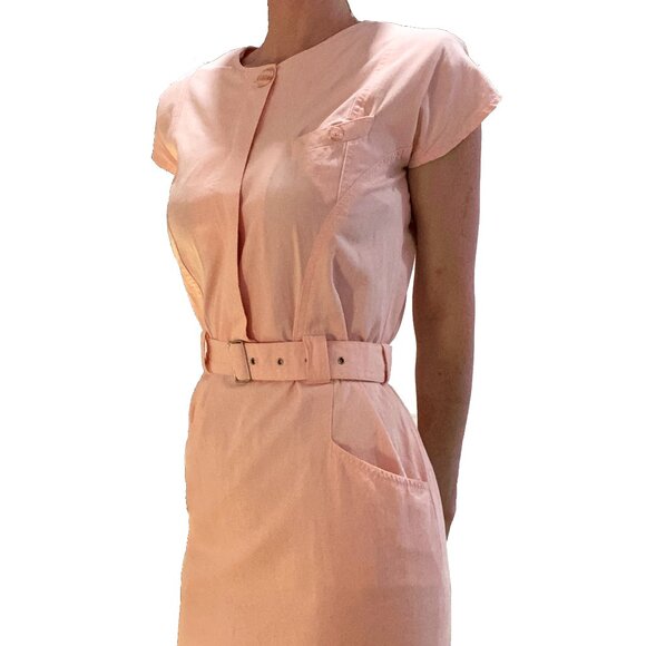 ๐ธ Vintage Veeko Super Style Peach Belted Dress - With Shoulder Pads! - Size S - Picture 1 of 10